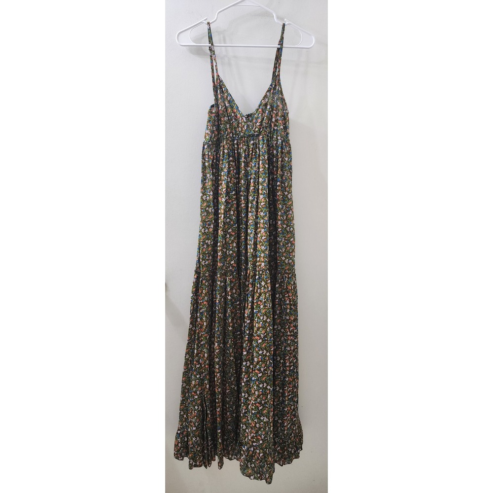 Akualani Brown Floral Cotton Tiered Maxi Dress Small Sleeveless Tie Front E007U